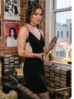 Vintage BCBG Max Azria 90s Black Mini Dress Y2K Slinky Criss Cross Bust L BD